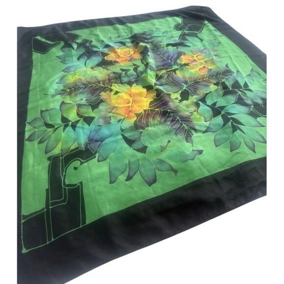 Unbranded Accessories - Artist Signed Hand Painted Silk Scarf Large Square Green Floral Wearable Art 34”